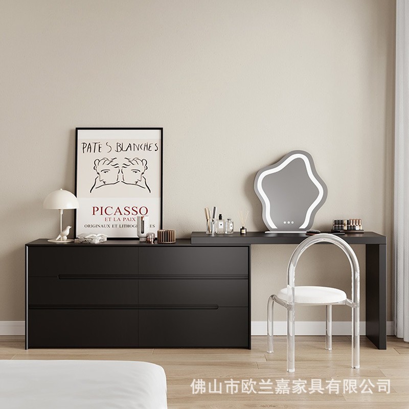 欧兰嘉卧室全实木梳妆台黑色烤漆化妆桌收纳柜主卧斗柜梳妆台一体图片