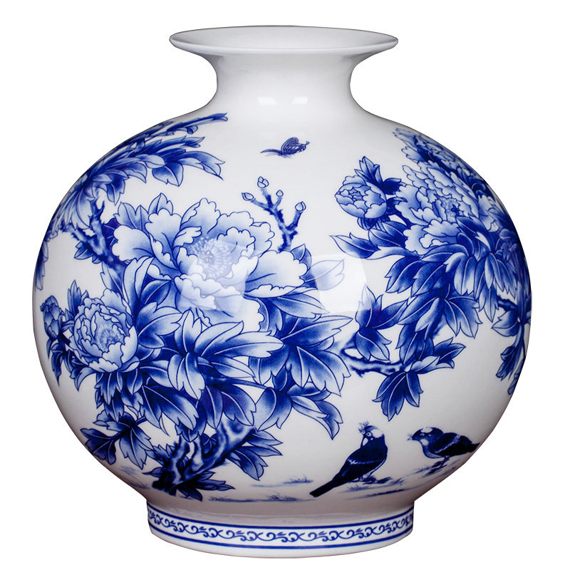 景德镇陶瓷新中式牡丹插花青花瓷摆件客厅轻奢现代新中式花瓶装饰