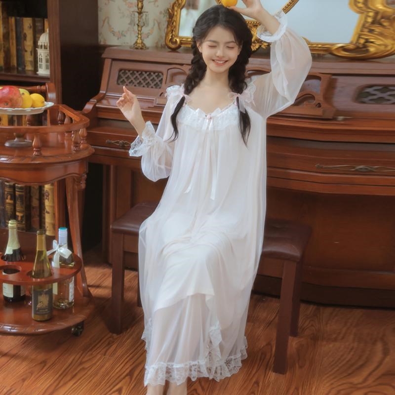 法式白色蕾丝公主莫代尔女士宫廷风睡裙女款长裙长袖长款春秋睡衣
