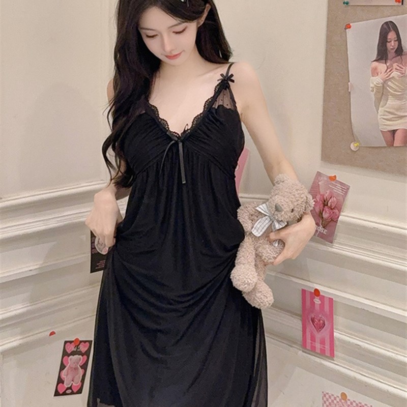 吊带女睡衣夏季2025新风格网眼薄蕾丝黑色莫代尔睡衣与乳房垫