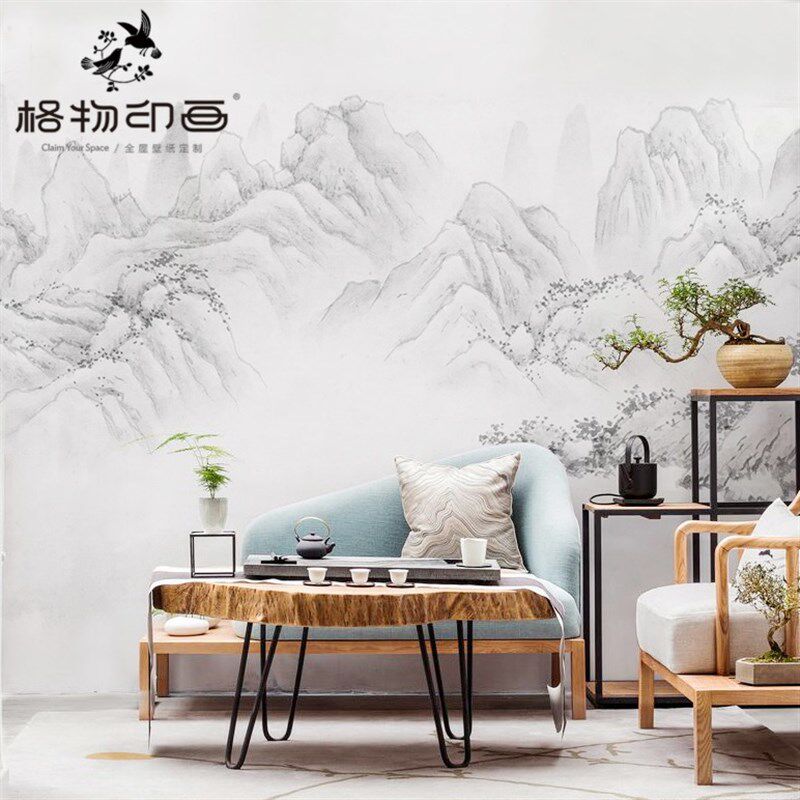 新中式淡雅山水壁纸黑白水墨远山客厅背景墙茶室背景墙布来图定制