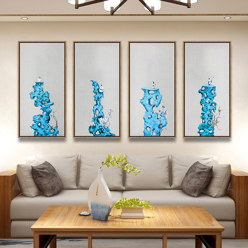 新中式太湖石挂画石来运转梅兰竹菊装饰画客厅蓝色沙发背景墙壁画