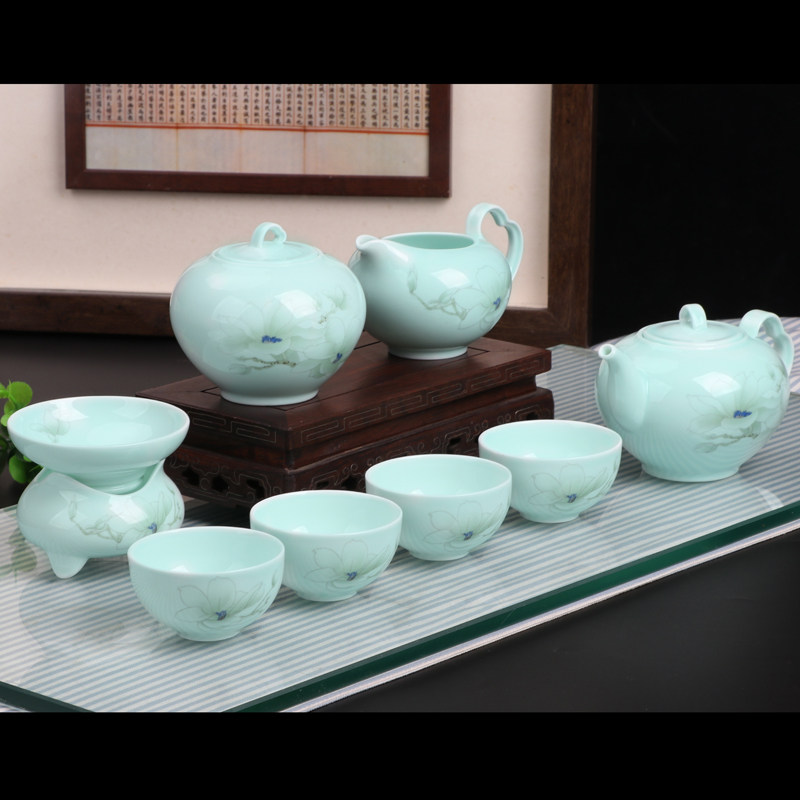 山东海洋贝瓷 青瓷茶具套装9头海清茶壶茶杯无棣高档陶瓷礼盒送礼