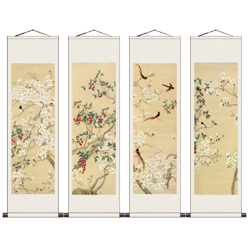 水墨山水挂画招财丝绸挂画四条屏颜伯龙花鸟画字画定制花鸟卷轴画