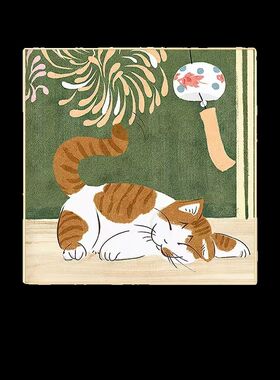 卡通猫咪挂画瓶子水果日式原木风装饰画正方形抽象艺术温馨餐厅画