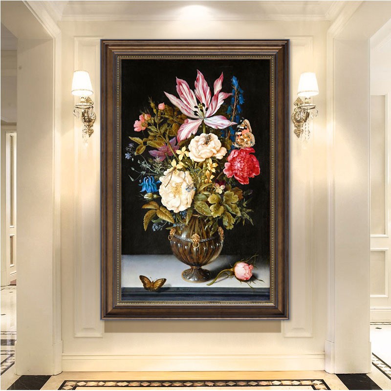 美式入户玄关装饰画餐厅花卉墙面壁画复古油画竖版走廊过道挂画