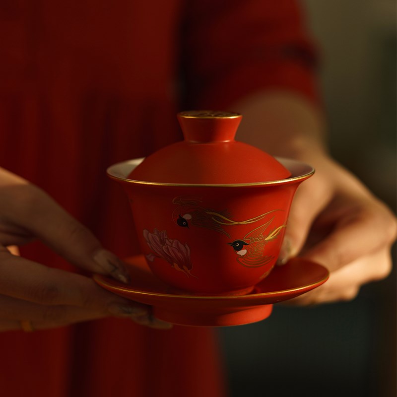 喜霓比翼连理结婚敬茶杯一对红色陶瓷送新人陪嫁改口敬酒喜杯套装