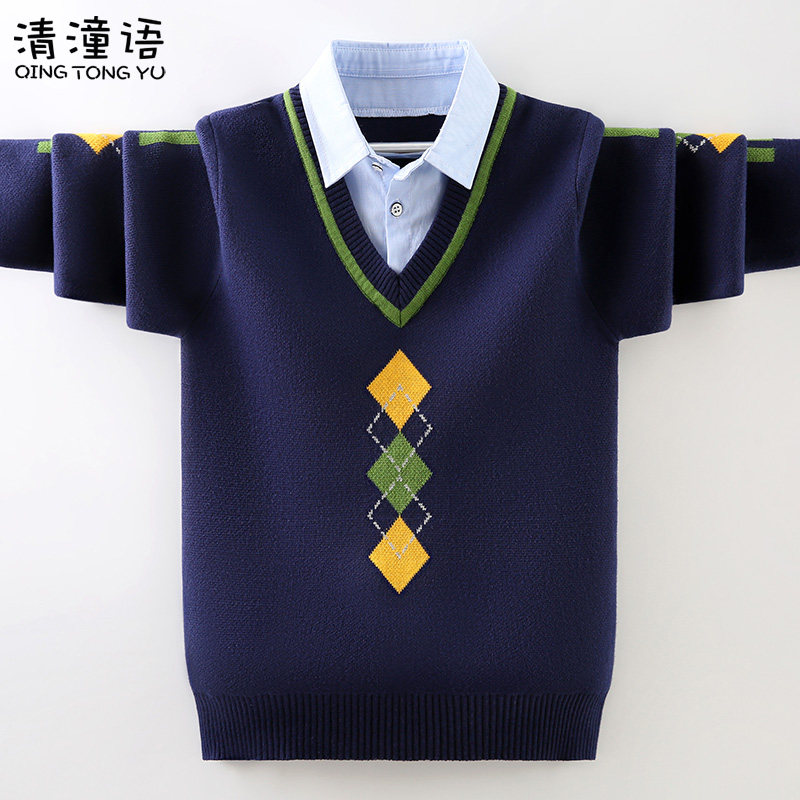 男童毛衣假两件套头秋冬款2022新款儿童针织衫内搭毛衣中大童加厚