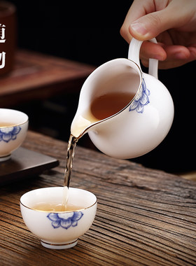 蓝莲花白瓷公道杯陶瓷家用倒茶器分茶杯匀杯羊脂玉功夫茶具零配件
