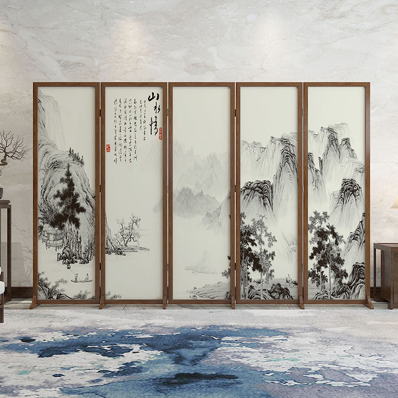 新中式原木折叠移动屏风隔断办公室茶叶店客厅遮挡水墨风景国画