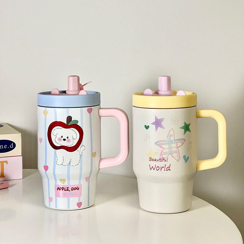 可爱办公室吸管保温杯带把手陶瓷内胆女生高颜值水杯子桌面大容量