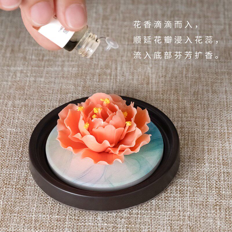 素茗陶瓷非遗手捏牡丹瓷花摆件扩香器办公室客厅茶室中式桌面香薰