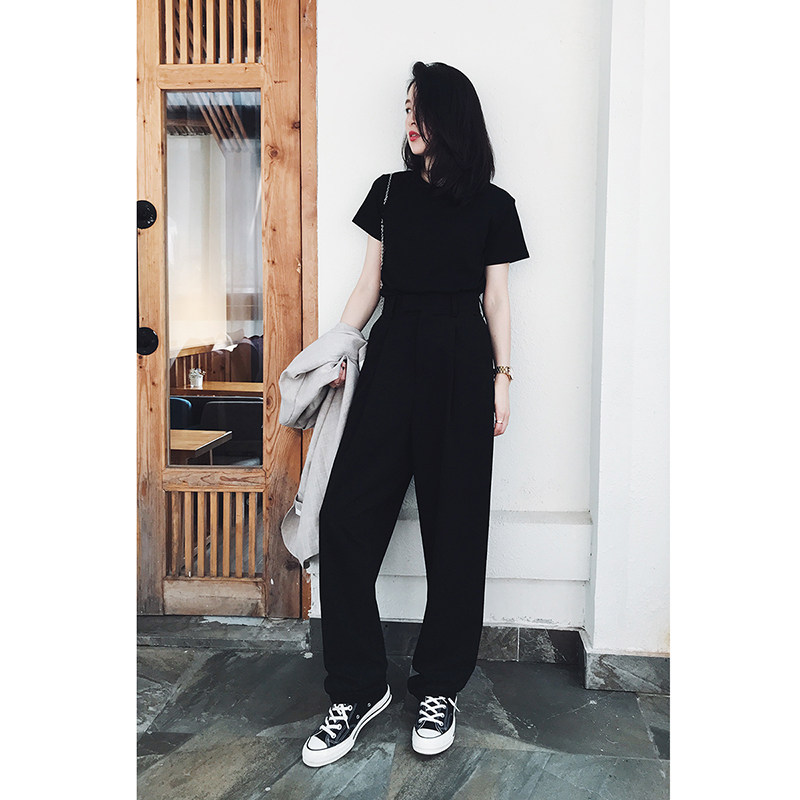 阔腿裤女高腰垂感直筒宽松拖地休闲灰黑色长裤子女春夏粉色西装裤