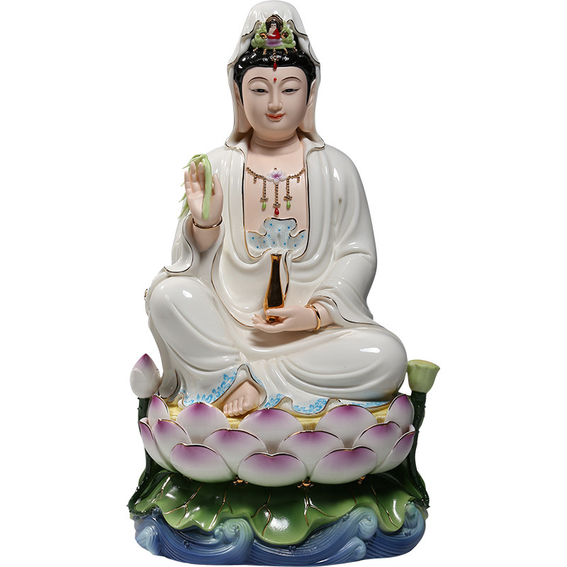 陶瓷10至16吋水莲笑脸观音佛像供奉家用观世音菩萨摆件彩绘居家