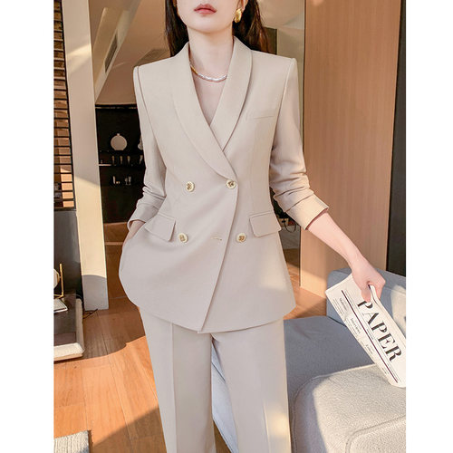 米色西装套装女高级感2024新款春秋阔腿裤职业正装休闲小西服外套