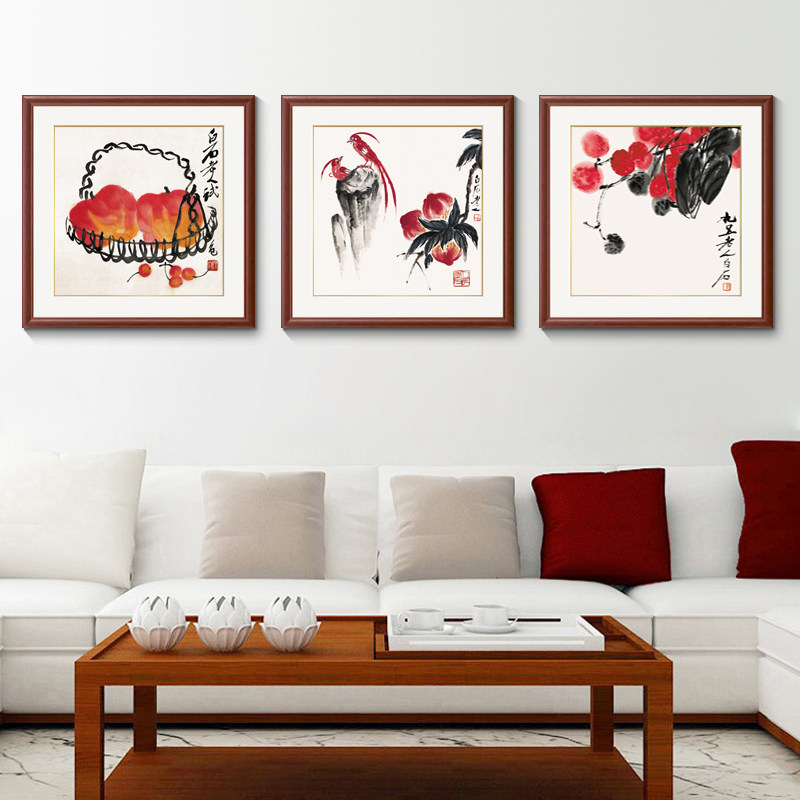 新中式客厅装饰画玄关实木有框画茶室餐厅壁画瓜果挂画齐白石国画