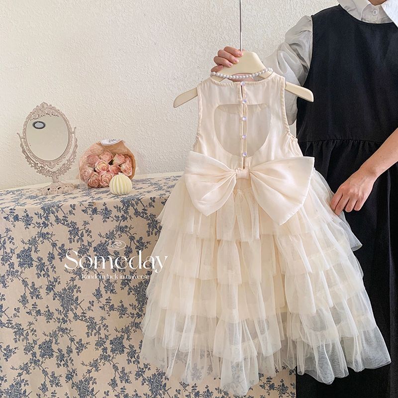 女童无袖连衣裙夏季小女孩挂脖背心蓬蓬纱公主裙儿童高端礼服裙子