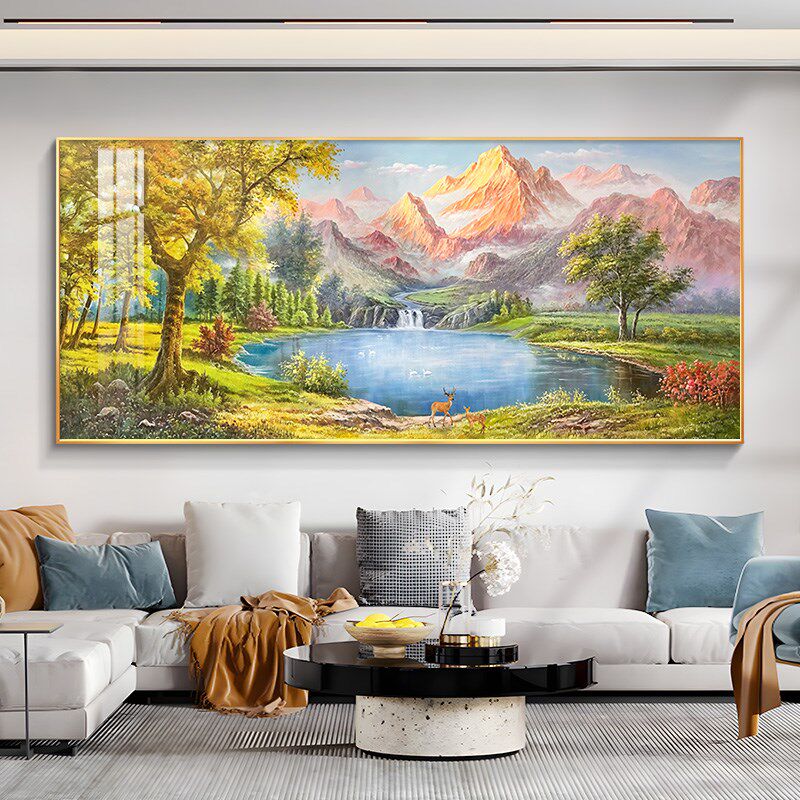 客厅装饰画聚宝盆山水画沙发背景墙挂画轻奢高级感纯手绘风景油画