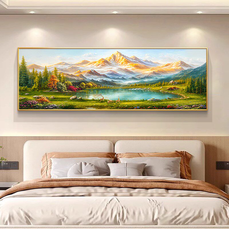 背靠金山床头画卧室挂画轻奢高级感主卧房间装饰画聚宝盆山水壁画