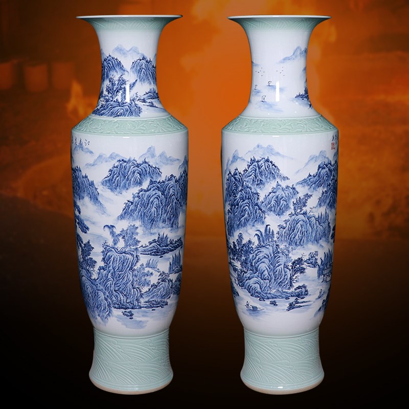 景德镇陶瓷器大花瓶手绘落地青花瓷瓶手工雕刻装饰品客厅摆件礼品