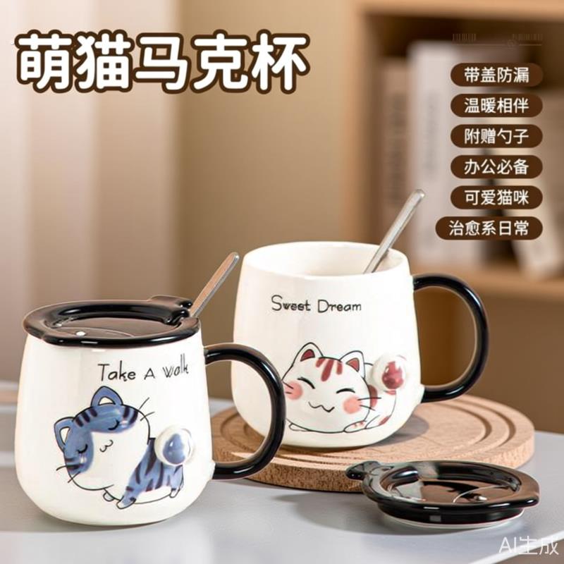 生日礼物女生大吉大利可爱猫咪陶瓷马克杯子带盖毕业伴手礼有意义
