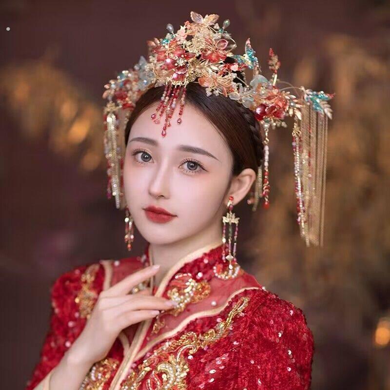 中式新娘凤冠秀禾服头饰大气古装婚礼流苏秀禾发饰婚嫁结婚步摇