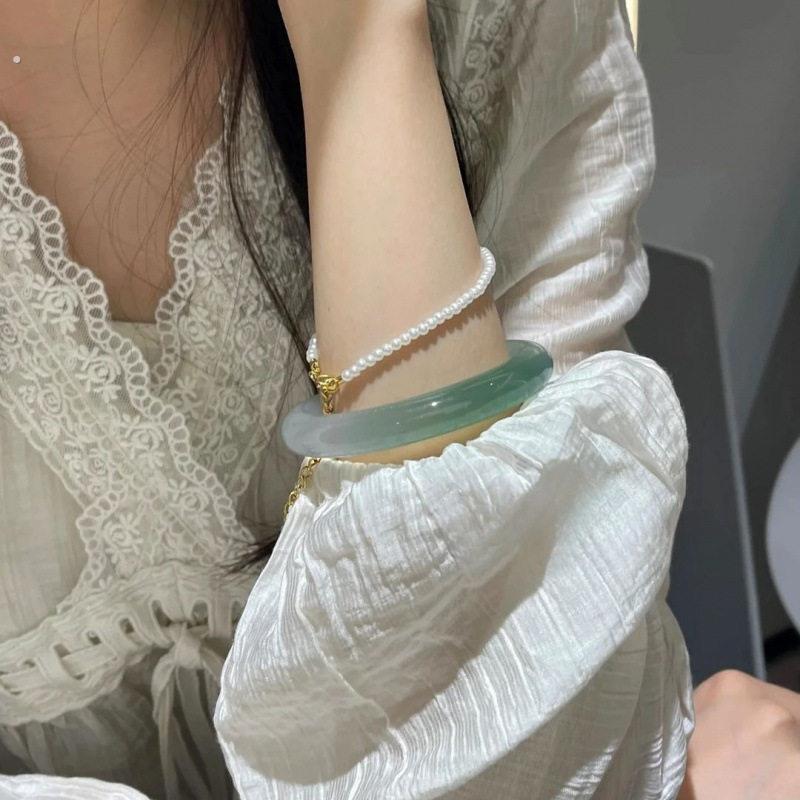 半山半水玛瑙玉镯油青色渐变胖圆条玉髓手镯小众轻奢礼物送女朋友