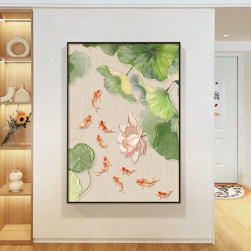 荷花九鱼图高级玄关油画装饰画入户正对门寓意好挂画客厅油画走廊