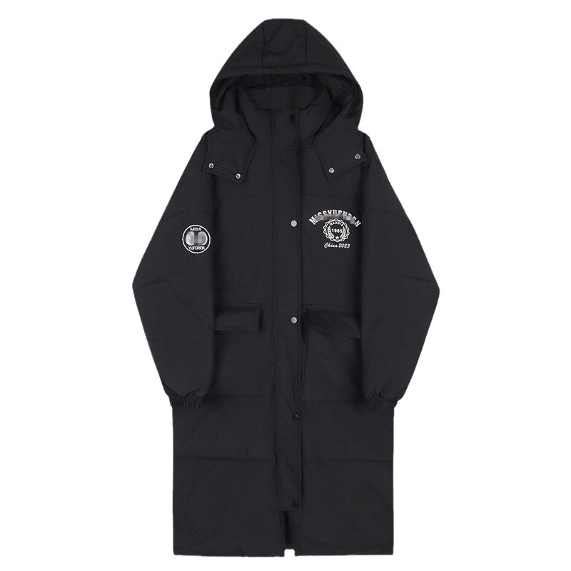 韩剧女主连帽黑色羽绒棉服女冬2023年新款学院风中长版面包服外套