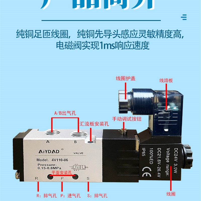 气动电磁阀4v210-08换向阀24V气动控制阀220v二位五通电子阀12V