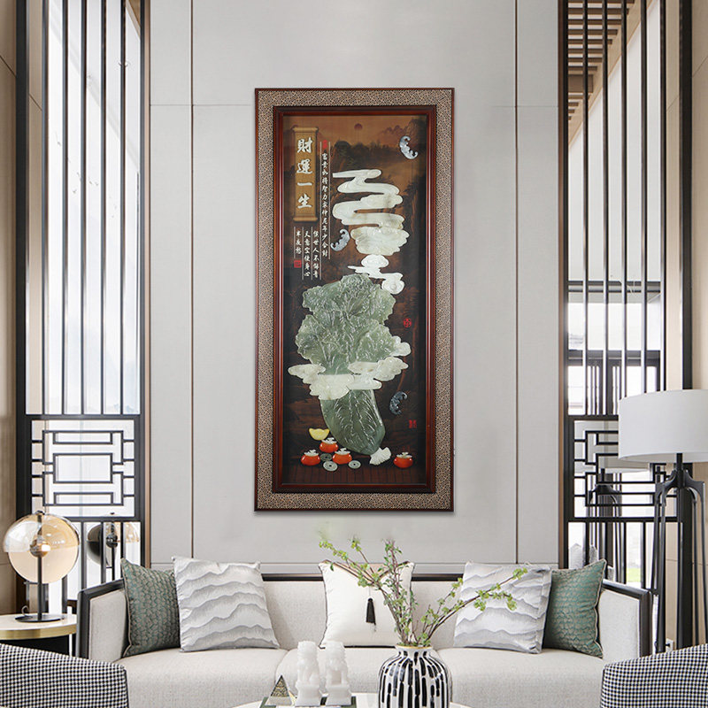 新中式玄关装饰画高端入户走廊过道竖版挂画玉雕立体浮雕玉石壁画