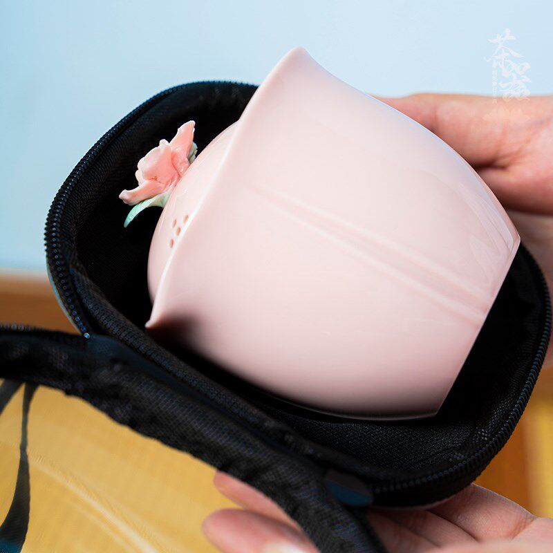 手工捏花旅行茶具带包外出便携一壶三杯快客杯女士粉色简约随身泡