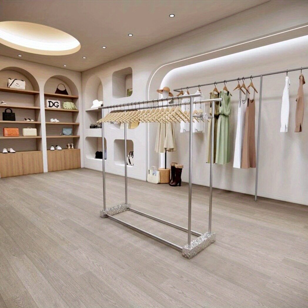 服装店中岛展示架、双排落地式侧挂衣架、水波不锈钢双杆架图片