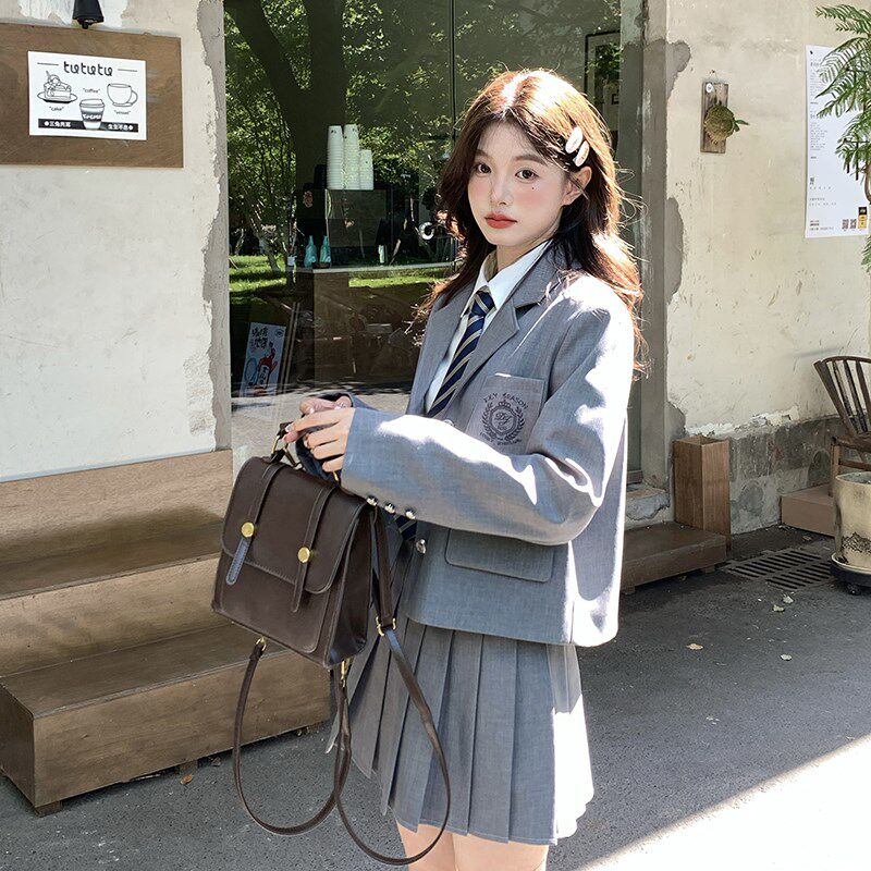 灰色气质jk制服西装裙套装校供学院风西服外套女两件套东京岁时记