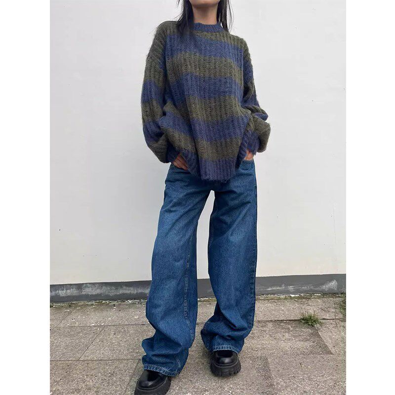 蓝色宽松百搭直筒复古牛仔裤女2024春秋新款低腰显瘦拖地阔腿裤子