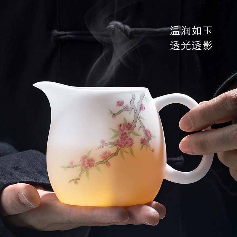 妙莲天香高档冰种玉瓷手绘桃花公道杯 德化白瓷陶瓷茶具茶杯单个