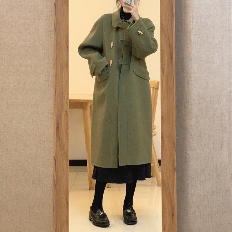 高级设计感绿色呢子大衣女秋冬装新款今年流行中长版休闲毛绒外套