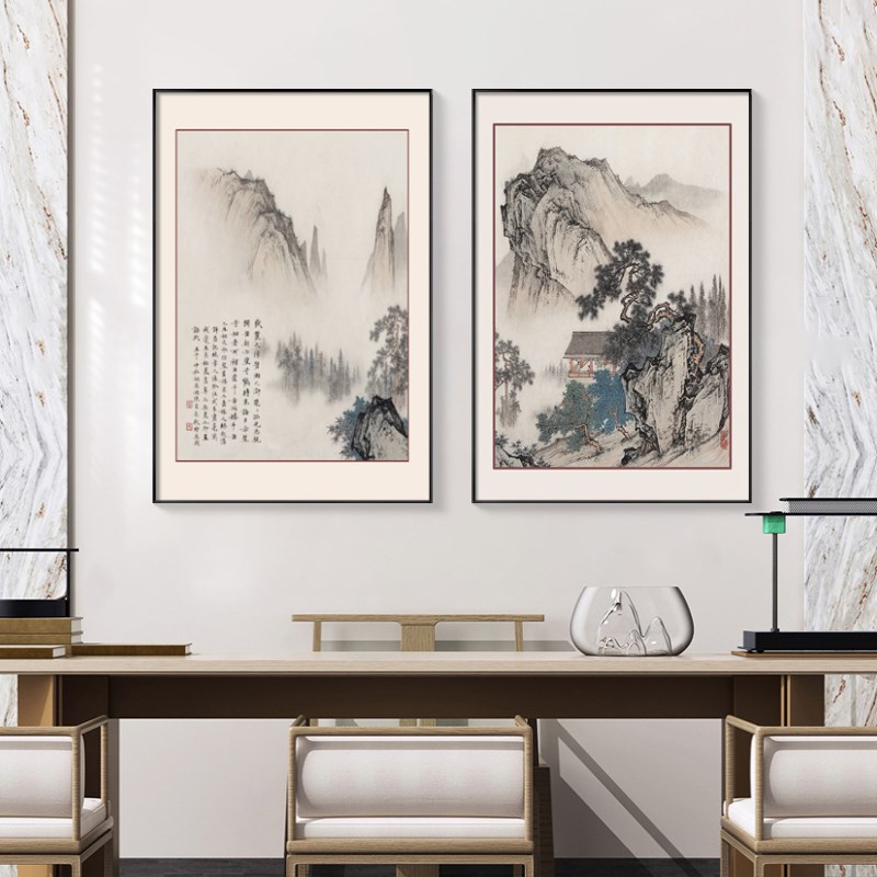 国画山水画茶室挂画新中式客厅玄关装饰画餐厅背景墙组合水墨壁画