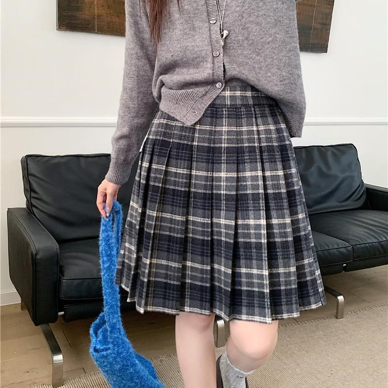 毛呢短裙百褶裙大码格子半身裙女秋冬高腰防走光学院风中裙打底裤