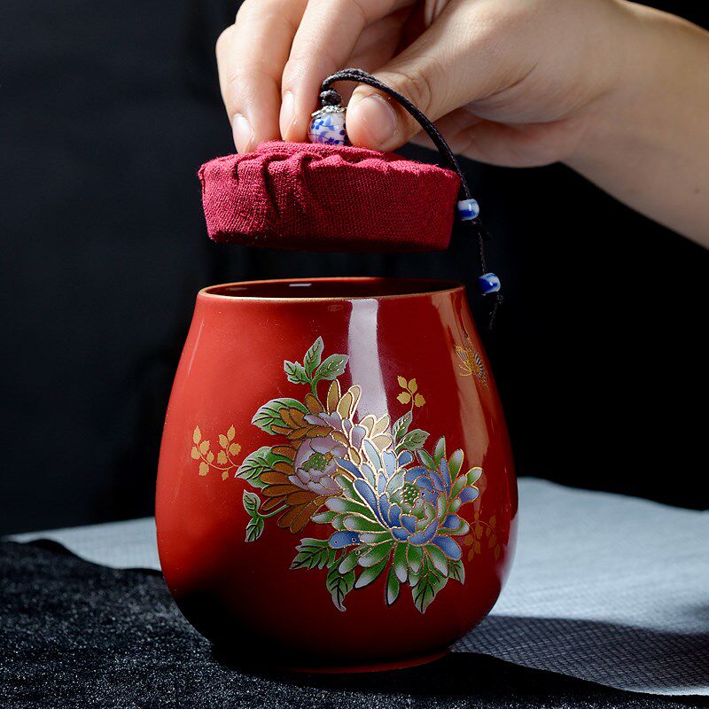 中国红瓷器牡丹花功夫茶具红色结婚喜庆婚礼陶瓷霁红茶具套装礼物