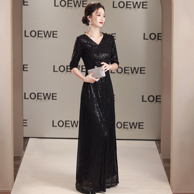 大合唱演出服女长款黑色闪亮年会指挥服主持成人礼仪晚礼服装宴会