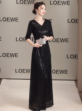 大合唱演出服女长款黑色闪亮年会指挥服主持成人礼仪晚礼服装宴会