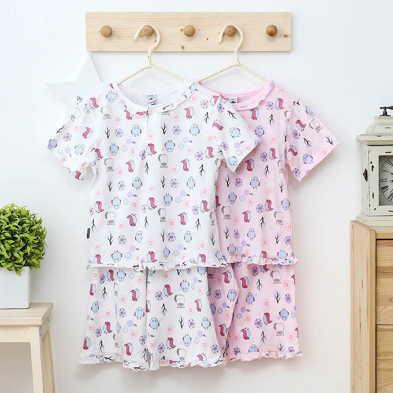 萱泽纯棉女童花边家居服套装睡衣春夏秋季长袖长裤居家空调房