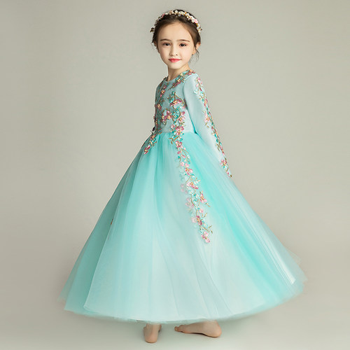 儿童晚礼服公主裙女童婚纱裙长袖加绒加厚花童长裙钢琴演出服洋气