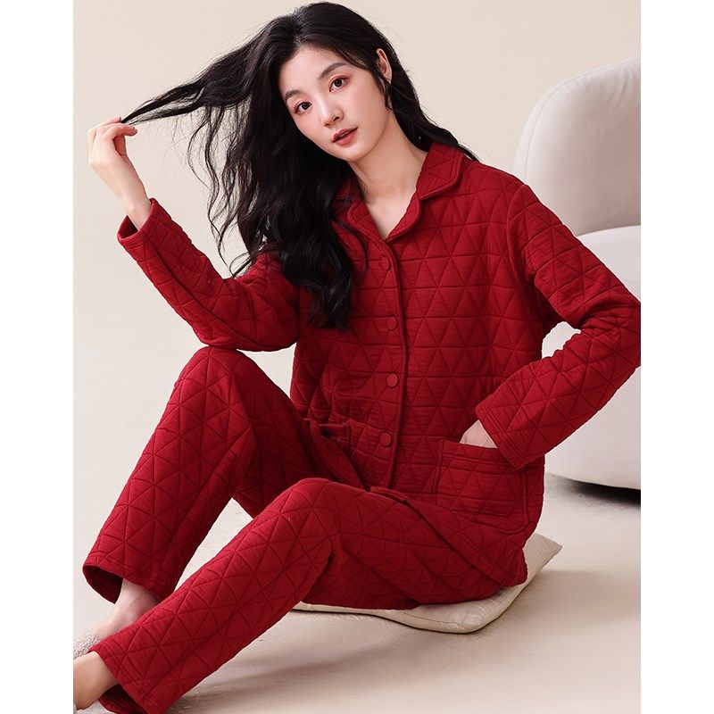 春秋款红色睡衣女款长袖纯棉夹层2023本命年秋冬薄款夹棉家居服