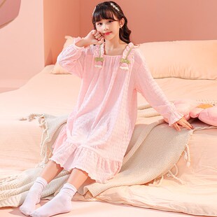 儿童睡裙女童春秋季云朵棉长袖女孩初中生公主风甜美连衣裙家居服