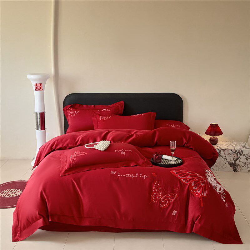 新中式蝴蝶刺绣结婚四件套大红色床单被套喜庆纯棉新婚庆床上用品