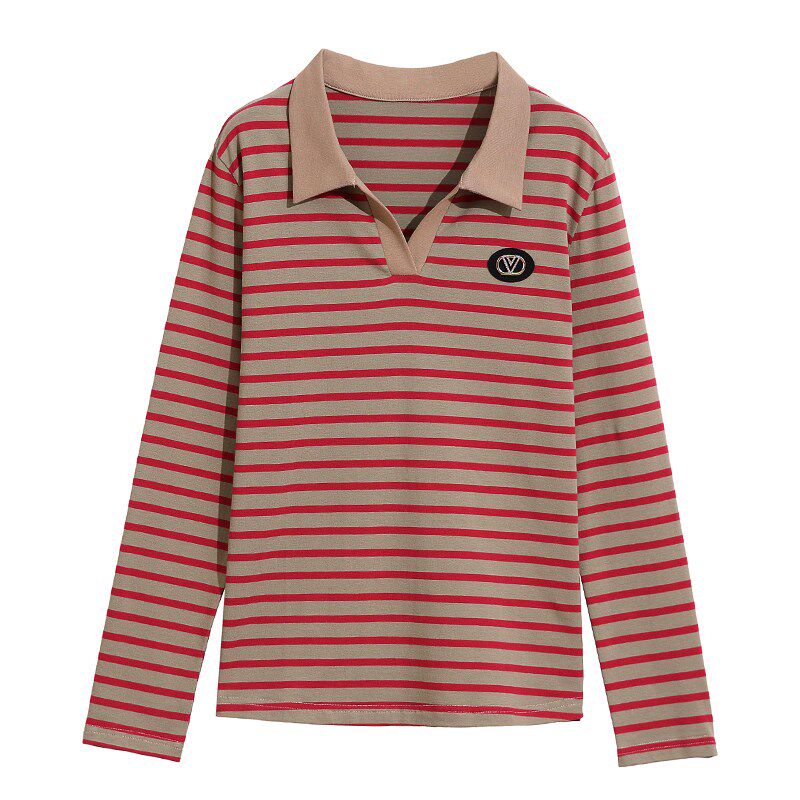 妈妈春装上衣中年妇女纯棉有领打底衫女宽松大码条纹翻领长袖t恤