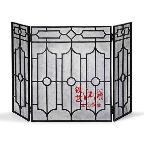 欧式客厅入户简约铁艺镂空三折壁炉屏风装饰带网防火新品火炉围栏
