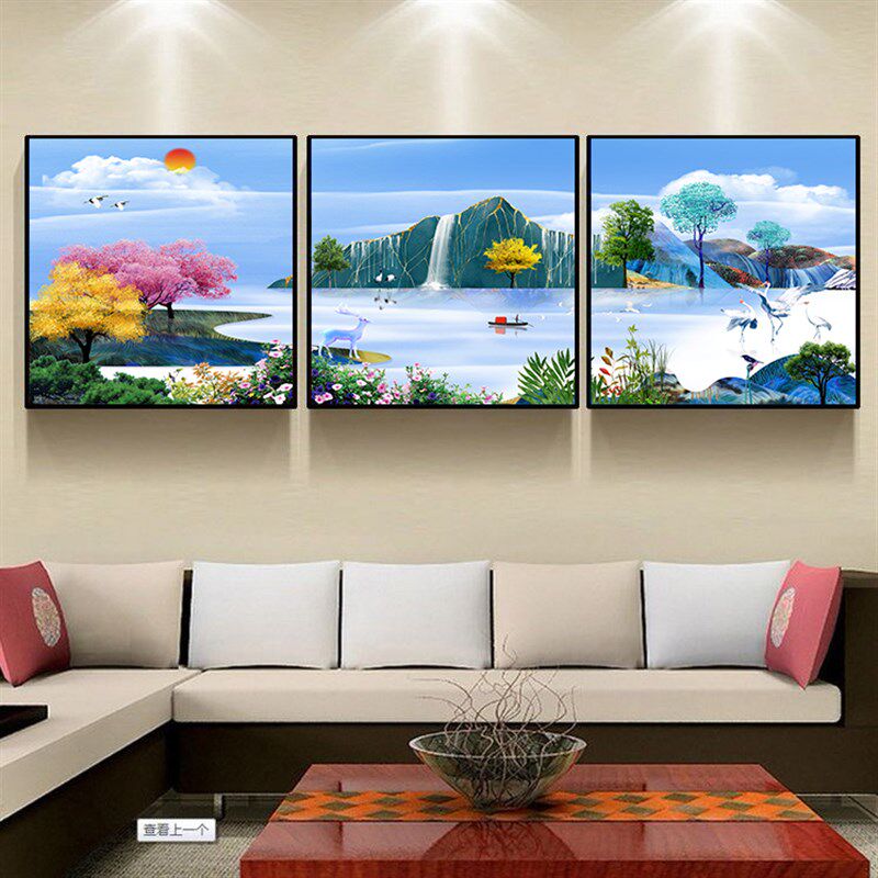 客厅装饰画三联沙发背景墙壁挂画高档晶瓷水晶流水生财山水风景画